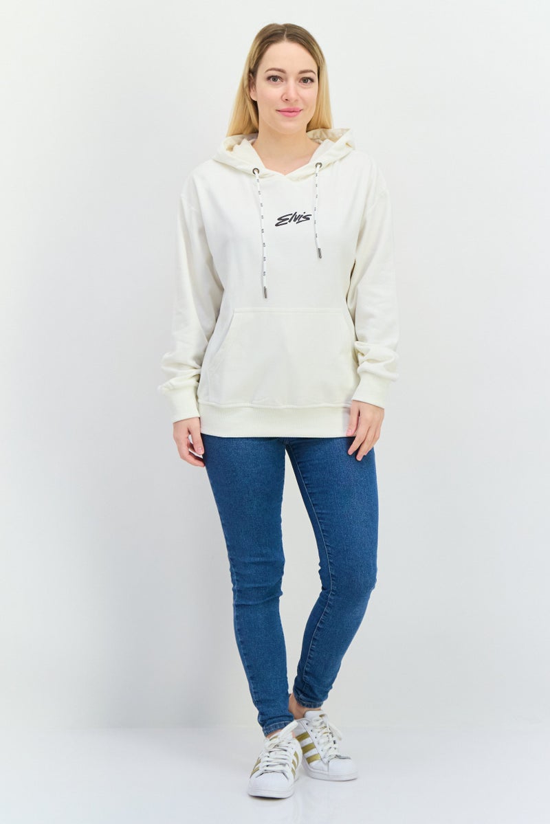 ELVIS Women Hooded Brand Logo Long Sleeves Sweatshirt, Off White - Image 4